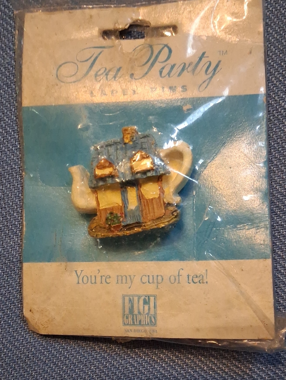 Tea Party Blue & Gold Teapot House Brooch